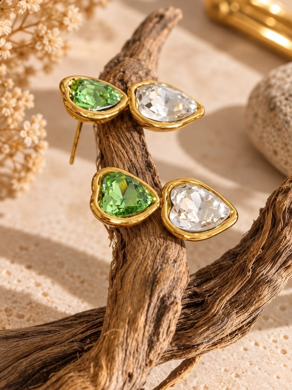 Gold-Plated Teardrop Stud Earrings with Peridot Green and Clear Crystals